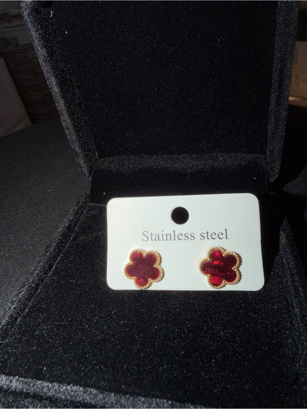 Red Clover Flower Stud Earrings with Gold-Tone Edge